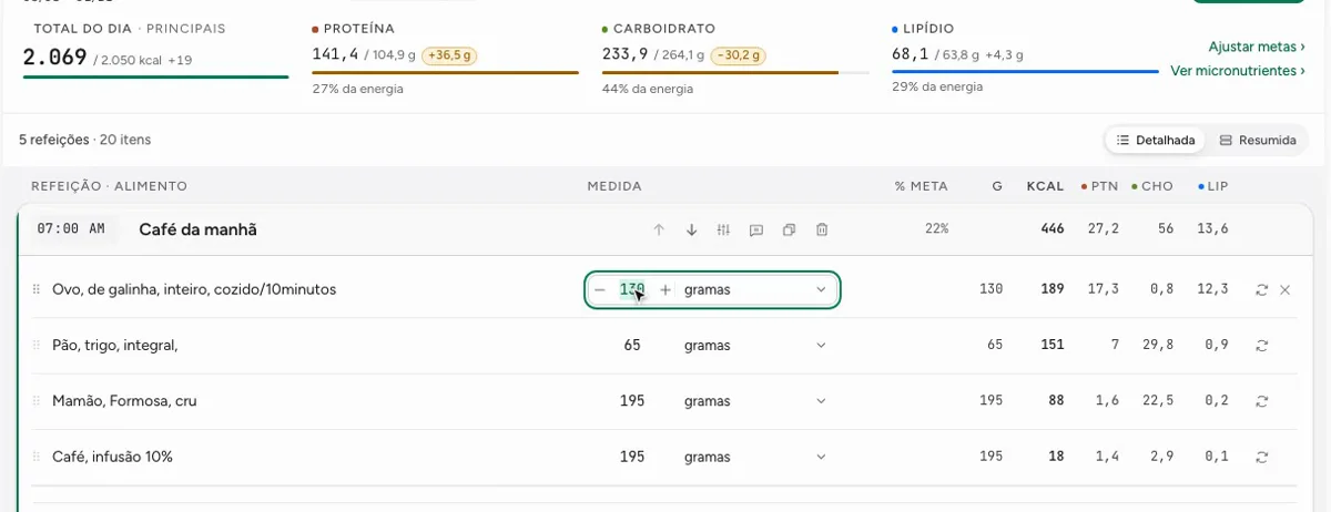 Editor de plano alimentar: ao mudar a quantidade do ovo de 130 para 190 g, a energia total e os macros — proteína, carboidrato e lipídio — recalculam na hora