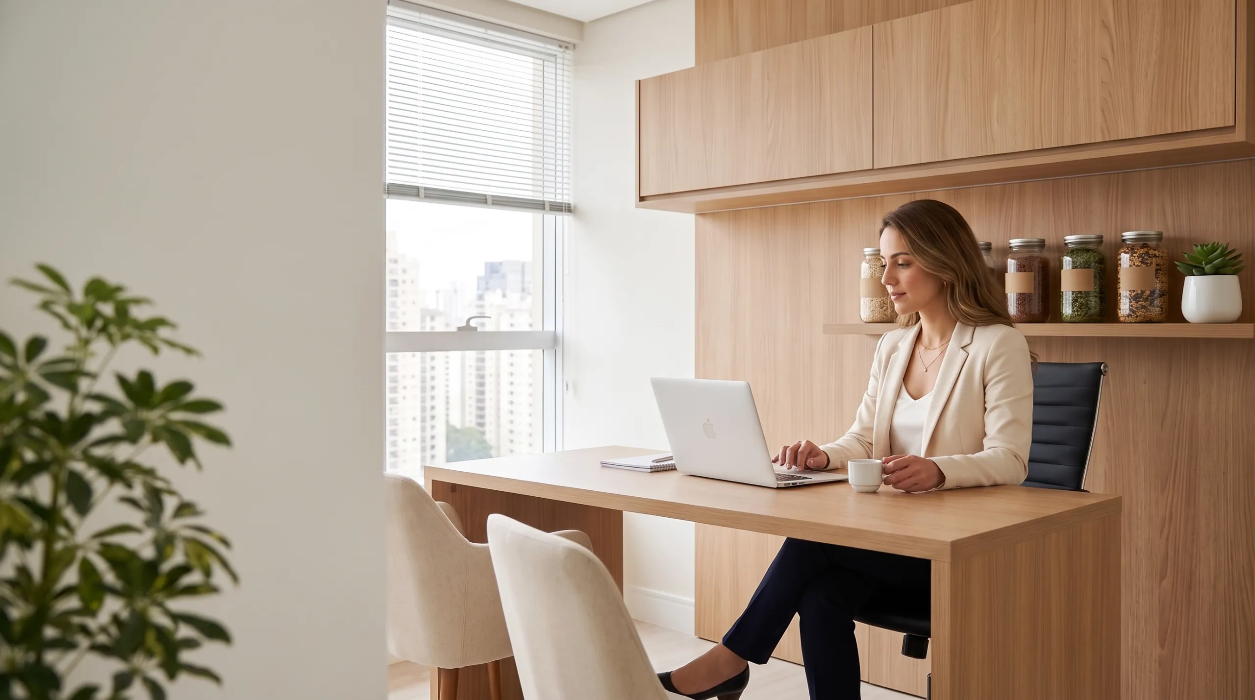 Maria sozinha à mesa entre consultas, lendo no MacBook com uma xícara de café